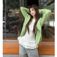 84556 Áo len dệt kim màu xanh lá cây nữ / Áo thun chấm bi khâu ren