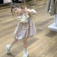 [8750 Bộ sưu tập người] Bộ đồ phong cách Chanel bé gái 2025 Áo sơ mi tay phồng mùa xuân Váy Vest màu tím Váy thời trang trẻ em Váy Bud hợp thời trang