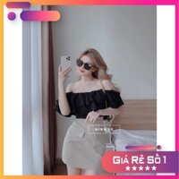 [8.8 Sales Freeship] Set áo trễ vai bèo đen mix chân váy chữ A nắp túi, set váy kem áo bèo bẹt vai dễ thương