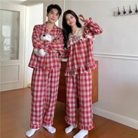 89_ bộ đồ ngủ pijama, bộ mặc nhà đôi kẻ caro đỏ phối ren tiểu thư | Hàng QCCC | 9scat