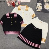 [8c02] Bộ áo và váy dệt kim sọc nữ Bộ đồ hai mảnh phong cách Preppy [8C]