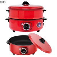 [8c15] Chảo chiên điện màu đỏ Caldron điện hấp sôi cố định Đĩa nướng điện đa chức năng [8C]