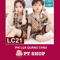 (9-21kg) ✅ Pizama PHI LỤA QUẢNG CHÂU Mickey nâu LC21 trẻ em, đồ ngủ cộc bé trai, bé gái