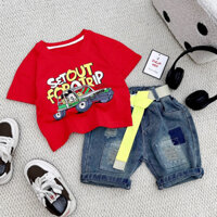 (9-29kg) Sét bé trai hình ô tô quần sọc jean phối áo cotton kèm đai nịt