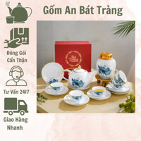 (9 LOẠI) Bộ Ấm Chén gốm sứ Bát Tràng họa  Hoa Sen,men Trắng,viền Vàng kim,ĐĨA LƯỢN
