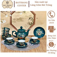 (9 MẪU)Bộ Ấm Chén Pha Trà Bát Tràng -Dáng Phú Quý,men Xanh Cửu Long vẽ Vàng:Phúc Lộc Thọ,Làng Quê Việt Nam