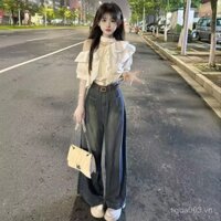[9168 Yêu thích] Áo sơ mi tay ngắn dáng rộng cổ yếm xếp nếp + quần denim ống rộng dài đến sàn S3HZ