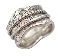 925 Sterling Silver Artisan Etched Floral Meditation Spinner Ring (Style US17)