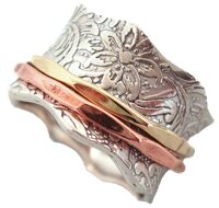 925 Sterling Silver Balance & Beauty Meditation Spinner Ring Brass & Copper Spinners Leaf Pattern Base Ring (Style USA88)