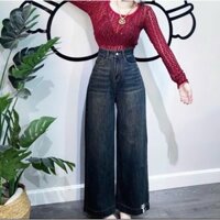 (95- 103CM) QUẦN JEAN SUÔNG 9 TẤC NỮ THÊU MÈO TÚI CẠP CAO CHẤT JEAN MỀM MỊN