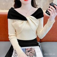 [952 Mặt hàng bán chạy trong 30 ngày] Áo sơ mi dệt kim đáy kết hợp màu Nơ của phụ nữ mùa thu và mùa đông Áo khoác độc đáo mới siêu đẹp và tương phản màu áo len VAI [Quần Áo nữ Gao Xiaolai]