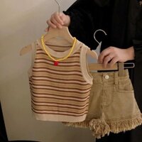 [9580 Yêu Thích] Quần Áo Trẻ Em 2024 Mới Mùa Hè Áo Vest Sọc Thời Trang Bộ Quần Short Denim Xé Cho Bé Gái Hai Mảnh GDRA