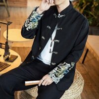 966 Bộ Sưu Tập Người Xuân Thu Phong Cách Thêu Vải Lanh Cotton Dài Tay Áo Thun Nam Phong Cách Dân Tộc Thường Ngày Kích Thước Lớn Phong Cách Retro Tay Áo Năm Điểm Quần Áo 19
