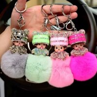 [98% Đánh giá Tích cực] Móc khóa Monchhichi Pom-Pom đính kim cương, mặt dây chuyền túi búp bê hoạt hình dễ thương, quà tặng đổi quà arcade bán buôn