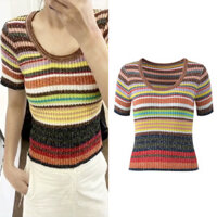 9NX5 Self-Portrait 2024Summer New Fashion Patchwork Rainbow Striped Color Block Short Sleeve Round Neck Stretch Slim Fit Knitted Top
