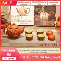 𝐅𝐑𝐄𝐄𝐒𝐇𝐈𝐏⚡️ Bộ Ấm Chén Đất Nung - Hoa Phù Dung Đắp Nổi Thủ Công -  Hàng Tử Sa Bát Tràng Loại 1 - ACBT03C