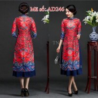 ⚡️ có big size 5XL ⚡️ AD246 Áo Dài Cách Tân CỔ TRỤ HỌA TIẾT THỔ CẨM RỒNG nền đỏ