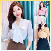 💥[A025] Áo sơ mi kiểu nữ kate lụa tay lửng CỘT NƠ CỔ siêu xinh và thanh lịch - L2M