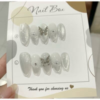 [A09 HÀNG THIẾT KẾ] Nail box - Móng tay giả thiết kế , màu thạch nước gạo mắt mèo, đính charm đá, form tròn nhọn