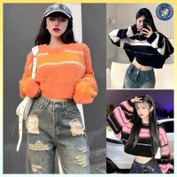 💥[A094] Áo len nữ Montoghi QC dệt kim THU ĐÔNG dáng CROPTOP SỌC MÀU PHỐI xinh xắn năng động - L2M