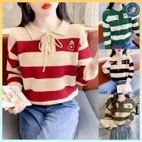 💥[A096] Áo len thun nữ Montoghi dệt kim POLO kẻ sọc retro có DÂY RÚT CỔ và LOGO HOA năng động - L2M