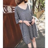 A1    (  BIG SIZE)    Váy thun BÀ BẦU mỏng kẻ ngang dáng dài form rộng cho các mẹ bầu