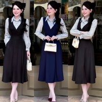 A106 - Đầm YẾM thời trang Phối SƠ MI  tay dài sọc xanh họa tiết NƠ xinh xắn,