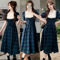 A12- Đầm công chúa kẻ sọc Caro Phối ren, màu xanh lá kiểu Pháp, chất thô đũi dáng midi đủ size Mijustore