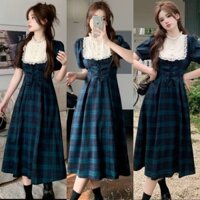 A12- Đầm công chúa kẻ sọc Caro Phối ren, màu xanh lá kiểu Pháp, chất thô đũi dáng midi đủ size Mijustore