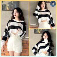 [A137] Áo len thun Montoghi hàng dệt kim mỏng KIỂU RÁCH CROPTOP nữ ngắn kẻ sọc phong cách cá tính – L2M ( Women Fashion Nhung Sen ) 【 hoa hồng 】