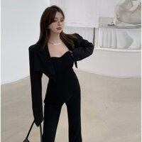 A16 Set Bộ Jumpsuit Cúp Ngực Dài Suông Kèm Áo Khoác Croptop Thời Trang