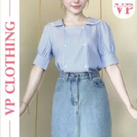 A202 Áo Sơ Mi Nữ Công Sở Cổ Vuông Trẻ Trung VP Clothing - Áo Sơ Mi Kẻ Sọc, Tay Phồng Sang Trọng - Áo Sơ Mi Tay Ngắn