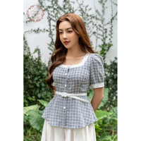 A204 Áo kẻ caro xanh cổ vuông cúc ren - áo peplum vải thô 100% cotton kẻ caro xanh ,Quần Q031 tuytsy trắng
