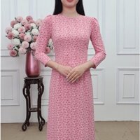 A2388 áo dài lụa Hàn châu khít bồng nền Hồng hoa nhí trắng (KHÔNG GỒM QUẦN)