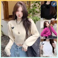 [A239] Áo len thun Montoghi hàng dệt kim CROPTOP nữ logo TAM GIÁC phối VIỀN RÁCH tay dài cá tính – L2M ( Nhung Sen Women ) 【 hoa hồng 】