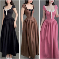 A42- Đầm Body Maxi Viền Cổ U Đính Nơ Tay Ngắn Hở Lưng - Chân Váy Xếp Ly Xoè Dài Thướt Tha - Form Ôm Body Tôn Dáng