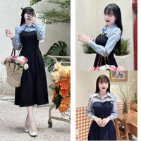 A7- Đầm dự tiệc công sở đen-xanh navy phối sọc xanh sơ mi tay dài, dáng dài túi hai bên đi tiệc đi làm đủ size