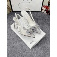 A8 - Sandal  cao gót nữ, sandal mũi nhọn bạc kim tuyến đính khóa nơ hot 2025
