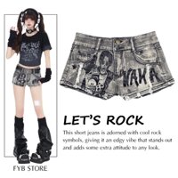 A9-Quần Short Jean WAKA Xám Đen Rách Nhẹ In Đậm Quần Đùi 2 Nút Phong Cách Đường Phố Rock Hiphop 2K Chất Cool Ngầu Gen Z