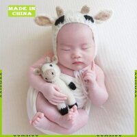 Aa Chụp Ảnh Quần Áo Mũ Sơ Sinh Cho Búp Bê Dễ Thương Móc Đan Sữa Bò Bịt Tai Đầu Lâu Mũ Bé Ảnh Len Đồ Chơi Trẻ Sơ Sinh Ac