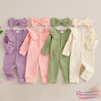 Aay-áo liền quần mùa thu cho bé gái sơ sinh In chữ dài tay cổ tròn Ruffle đường viền cổ có gân Full Length Quần yếm có dây đeo đầu nơ