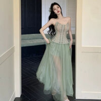 AB007 Set hai món áo corset dáng ôm quyến rũ hoạ tiết tinh tế chân váy voan dáng dài xoè nhẹ