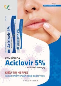 Aciclovir 5% Cream VCP (Acyclovir 5%) tuýp 5g điều trị nhiễm herpes (thủy đậu), sau phẩu thuật xăm môi, phu xăm