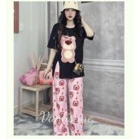 ❤️CÓ BIGSIZE ĐẾN 85KG❤️ Set đồ nữ quần dài ống suông áo xẻ tà với họa tiết gấu dễ thương, đồ bộ đi chơi (45-85kg)D05