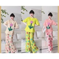 ❤️CÓ BIGSIZE ĐẾN 85KG❤️ Set đồ nữ cotton quần dài ống suông họa tiết thêu hoa, đi chơi, mặc nhà bigsize (40-85kg) D13