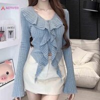 Activee Hot Girls Gợi Cảm Cổ Chữ V Ruffle Dài Tay Mỏng Dệt Kim Áo Crop Top Đẹp