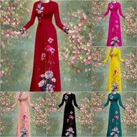 AD1491 Có đủ size lớn đến 4XL Set áo dài truyền thống họa tiết hoa Cúc Bách Nhật tay dài kèm quần.