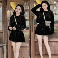 AD3- sét bộ nhung đính full đá, áo croptop tay dài phối quần đùi ngắn có lưng thun