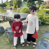 AD37 Áo dài cách tân nhung hoạ tiết Thiên Long BEEMO, áo dài Tết cho bé trai dễ thương