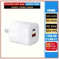 Adapter Củ Sạc 33W PPS PD 30W  QC 3.0 1 Cổng Type C 1 Cổng USB Nhỏ Gọn CHOETECH PD5006 Sạc Nhanh iPhone, iPad, Samsung - Hàng Chinh Hang - Trắng